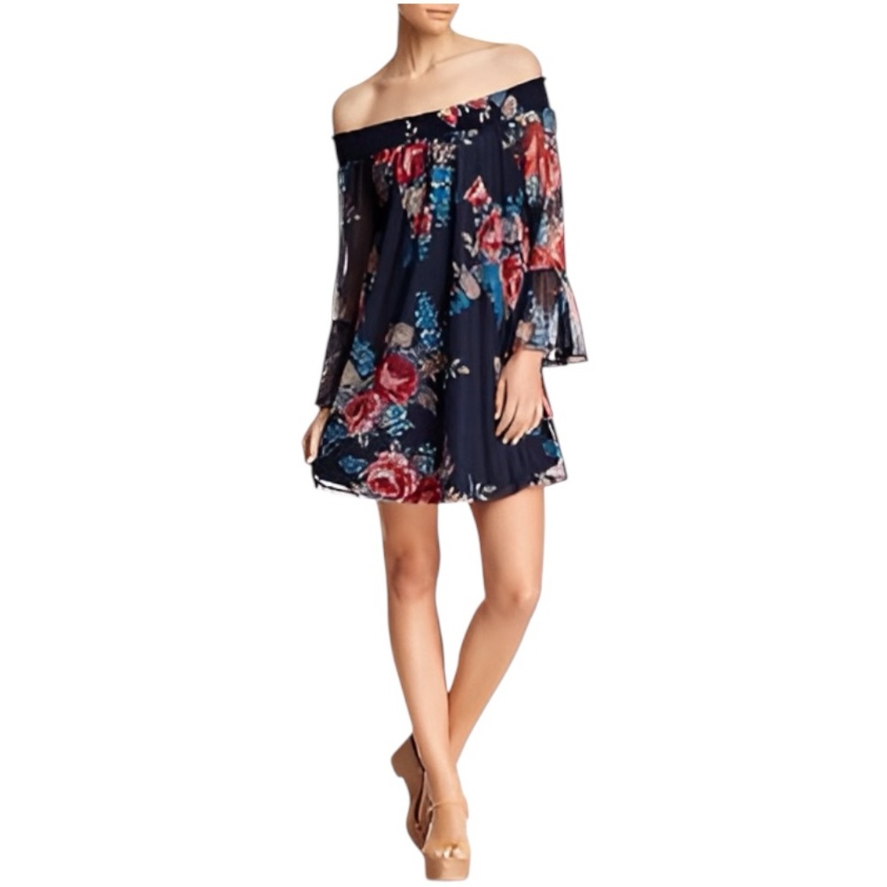 Love Fire Navy Floral Off the Shoulder Dress Size Small